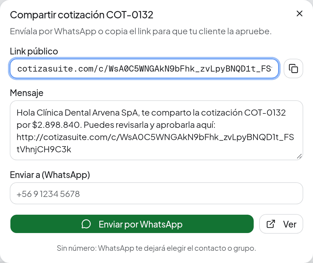 Diálogo para compartir una cotización: link público, mensaje editable, número de WhatsApp de destino y botones para enviar o elegir el contacto