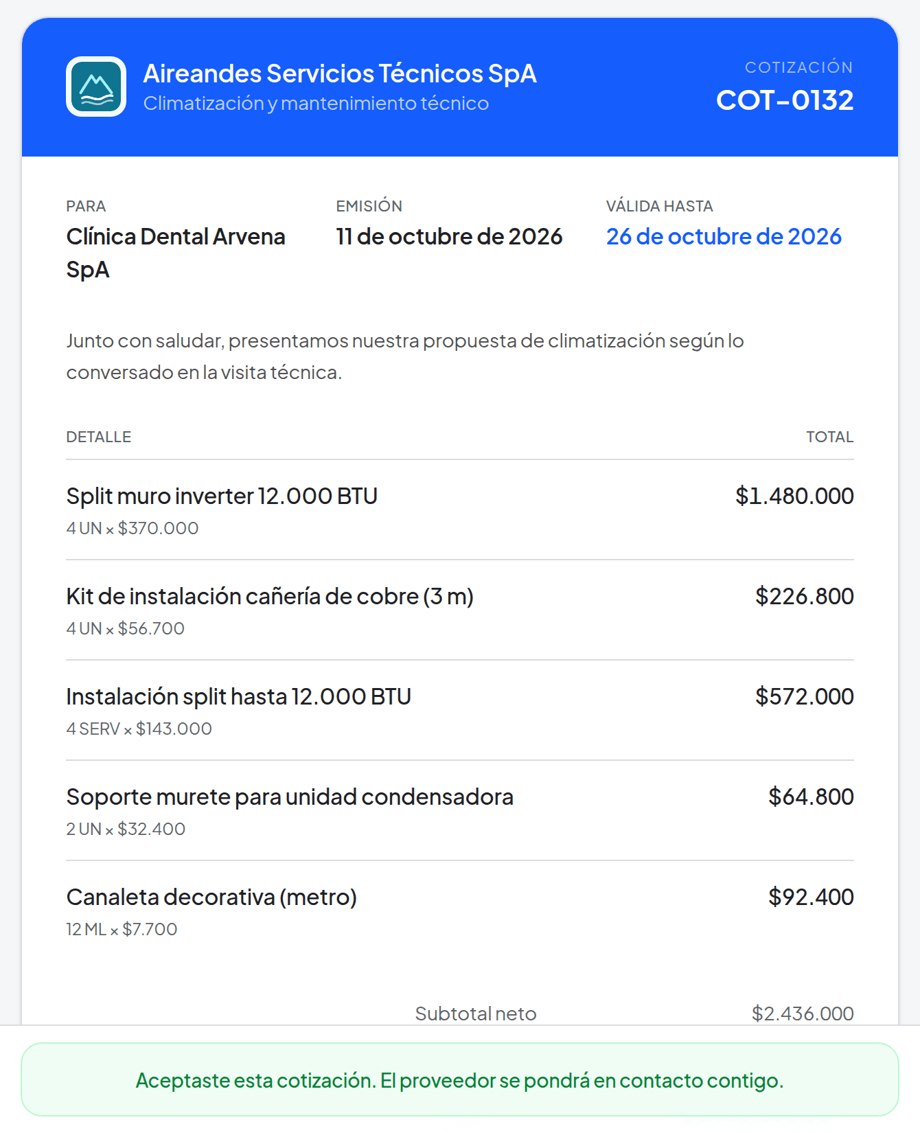 Cotización COT-0132 de Aireandes Servicios Técnicos vista por el cliente, con el aviso de que fue aceptada