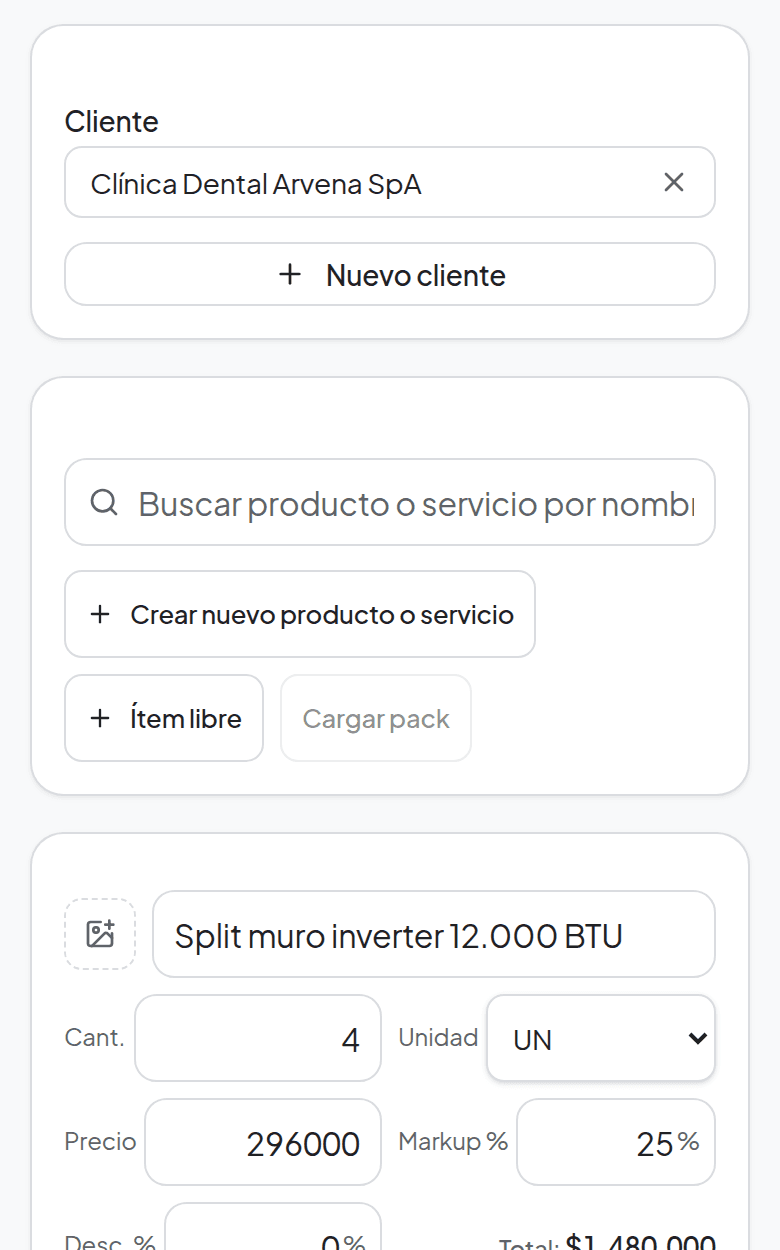 Cotizador de CotizaSuite en el celular: cliente seleccionado y un ítem con cantidad, precio, margen y total