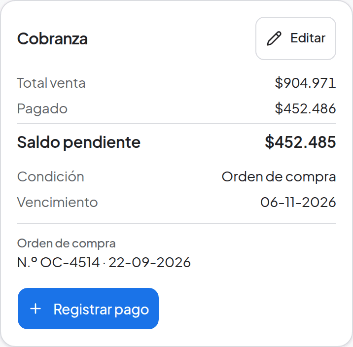 Cobranza de una venta en el celular: total, pagado, saldo pendiente, condición, vencimiento y orden de compra (datos de ejemplo)