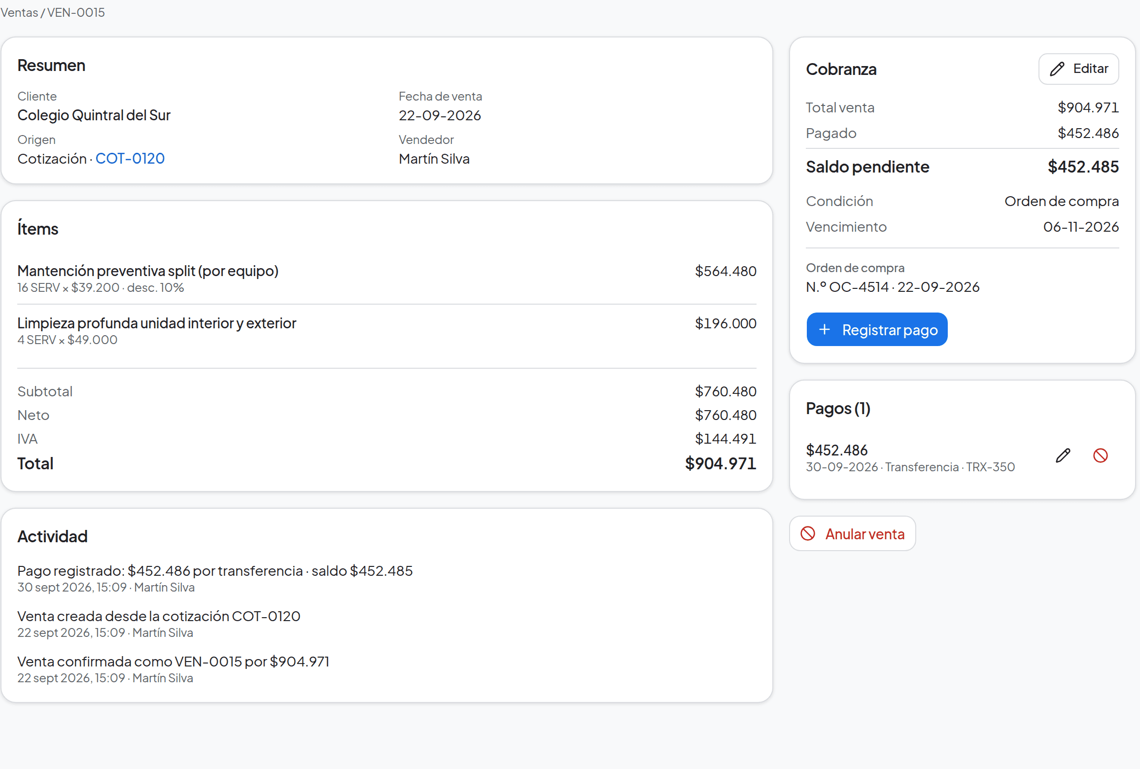 Ficha de una venta: ítems y totales, cobranza con total, pagado y saldo pendiente, orden de compra, pagos registrados y actividad (datos de ejemplo)