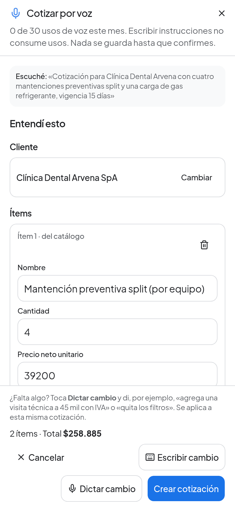 Asistente de Voz en el celular: borrador de cotización armado a partir de una instrucción